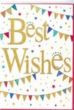 The congratulations card in this image expresses joy with the same boldness and warmth often felt in Walthamstow's community events. At its centre, the phrase Best Wishes is written in generous golden script, with each curving letter embossed and dusted in fine glitter so that the words sparkle subtly, as if touched by the glow of evening lights along the High Street. The gold lettering stands out clearly against a clean, bright white background, giving the card an air of simple elegance. Embracing this message, soft arcs of colourful bunting stretch from one edge to the other, evoking the look of strings of flags hung across a busy street party near Walthamstow Market. The tiny triangular pennants come in vivid hues-primary blues and reds, lively greens, sunny yellows, and cheerful pinks. Many feature small decorative touches such as polka dots, diagonal stripes, or mosaic-style patterns, adding a sense of playfulness and handcrafted detail. Scattered around the bunting, tiny star-shaped motifs and round confetti dots are sprinkled across the white space, like a light shower of colour caught mid-fall. The arrangement of these elements is airy and considered, leaving plenty of breathing room so that the design feels bright but never overwhelming. Even without floral illustrations, the card's colour palette and structure harmonise beautifully with a bouquet of fresh flowers, making it ideal for celebrations of all kinds-from exam successes at local schools to new jobs or housewarmings around the area. The atmosphere conveyed is one of genuine cheer and supportive affection, as if the card is quietly saying, I'm proud of you, while sharing in the excitement of the moment.